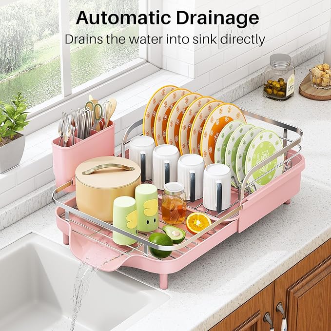 SAYZH Dish Drying Rack - Expandable Dish Rack for Kitchen Counter, Rust-Resistant Dish Drainer with Utensil Holder and Raised Guardrail, Kitchen Organizer for Cup and Bottle (Pink)