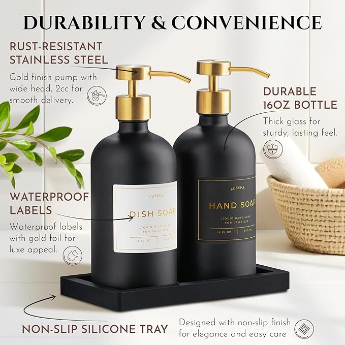 Glass Soap Dispenser Set of 2 (Black) with Silicone Tray | Hand and Dish Soap Dispenser for Kitchen and Bathroom | 16.8 Oz Glass Bottles with Stainless Steel Pump & 15 Waterproof Labels (Black/Gold)