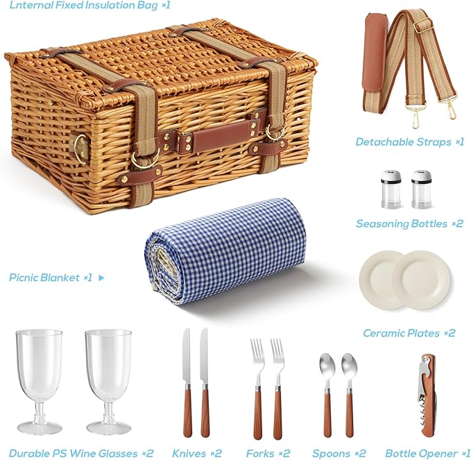 Wicker Picnic Basket Set for 2 Person with Cooler Compartment and Waterproof Picnic Blanket,Removable Strap,Cutlery Set,for Camping,Day Travel,Beach,Hiking,BBQ and Family/Couples Gifts
