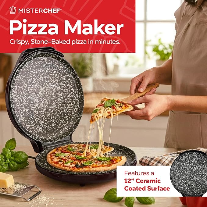 MisterChef Countertop Pizza Maker, 1450W Mini Pizza Oven, Pizza Maker Oven With 12″ Non-Stick Ceramic Plate, Indoor Electric Pizza Oven for Crepes, Pancakes - Black