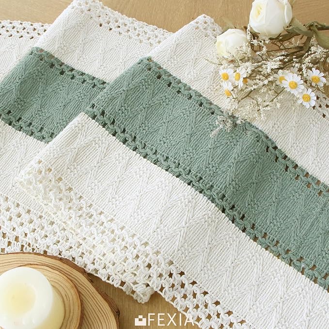 FEXIA Sage Green Table Runner 48 Inches Long with Tassels Boho Macrame Farmhouse Table Runners for Home Decor Party Bohemian Rustic Bridal Shower Dining Decorations (12x48 Inches)