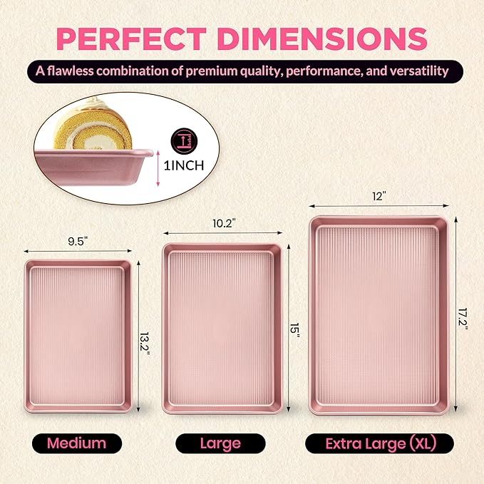 Professional Non-Stick Baking Sheets Set, 3-Piece Heavy Duty Carbon Steel Cookie Sheets with Oven Safe & Even Heating for Baking, Roasting, Cooking (Pink)