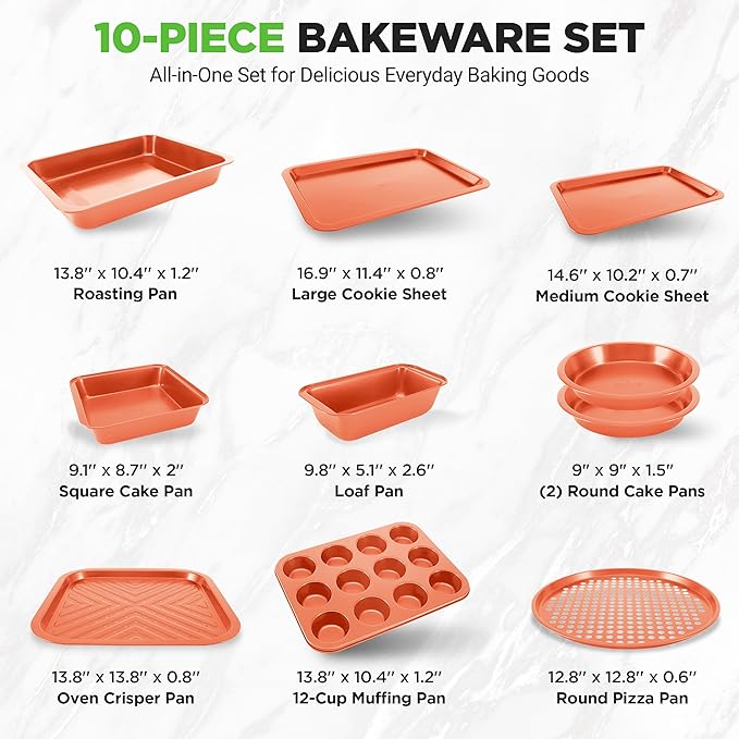 NutriChef 10-Piece Oven Baking Pans Set - Deluxe Carbon Steel Bakeware Set with Non-stick Gray Coating Inside and Out, Dishwasher Safe & PFOA, PFOS, PTFE Free