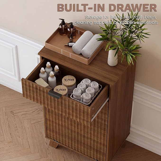 Modern Tilt Out Laundry Hamper Cabinet, 10 Gallon Wooden Trash Can Cabinet with Storage Drawer, Hidden Fluted Bathroom Storage Cabinet for Kitchen, Living Room (Walnut Wood, 20.47"W x 35.83"H x 13"D)