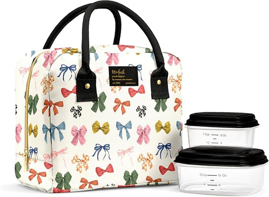 Fit & Fresh Bloomington Lunch Bag for Women - Insulated Large Lunch Box for Work with Containers, Leak-Resistant, Stain-Resistant, Zipper Closure, Fall Bows