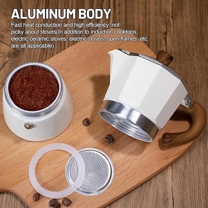 4-in-1 Moka Pot Espresso Set with Electric Stove 3 Cup Aluminum Stovetop Coffee Maker Percolator Italian Classic Mocha Coffee Machine with Powder Dispenser Filter Paper Portable Camping White