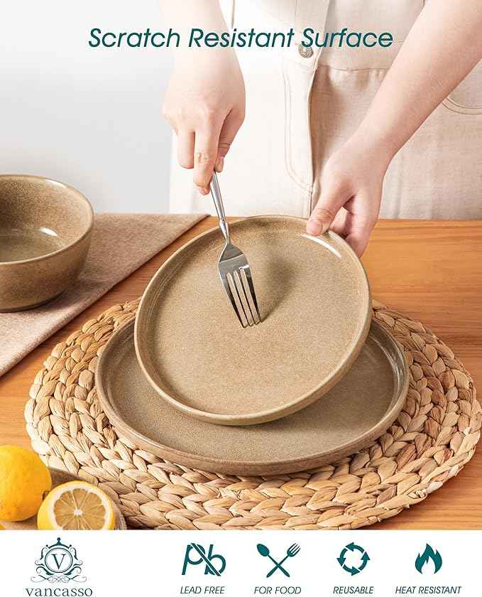 vancasso ANYA 24 Pieces Plates and Bowls Set, Caramel Dinnerware Sets, Reactive Glaze Dishes Set for 8, Ceramic Dishware Sets Kitchen Dinner Set, Microwave & Dishwasher Safe