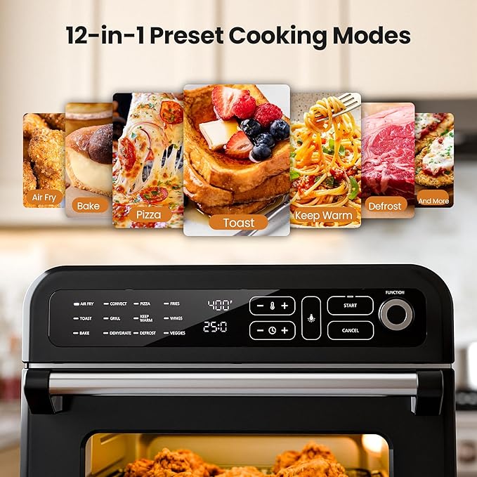Kismile 18QT Air Fryer Toaster Oven Combo, 12-in-1 Countertop Convection Airfryer Oven, Adjustable 70–450℉ Temperature, Bake, Reheat & Broil, Fits 8-10″ Pizza, Complete Accessories Included, Black