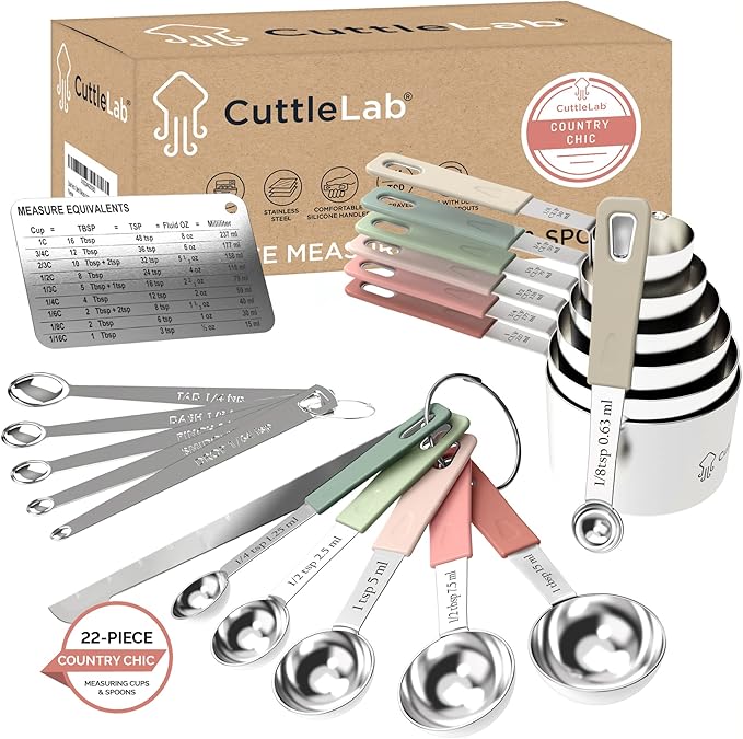 CuttleLab 22-Piece Stainless Steel Measuring Cups and Spoons Set, Tad Dash Pinch Smidgen Drop Mini Measuring Spoons, Measuring Stick Leveler, Measurement Conversion Chart Fridge Magnet, (Country Chic)