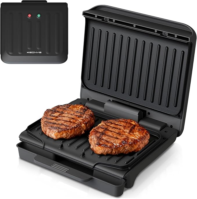 KEINVE 2-Serving Electric Grill and Panini Press, Tilted Grilling Surface for Rapid Oil Drainage, Non-Stick Coating Easy to Clean