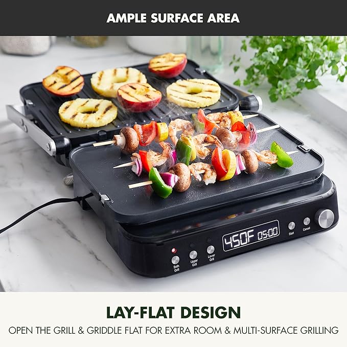 GreenPan 6-in-1 Multifunction Removable Plate Indoor Grill & Electric Griddle, Diamond Infused PFAS Free Ceramic Nonstick Reversible Plates, Opens Flat, Adjustable Temp, Panini Press, Black