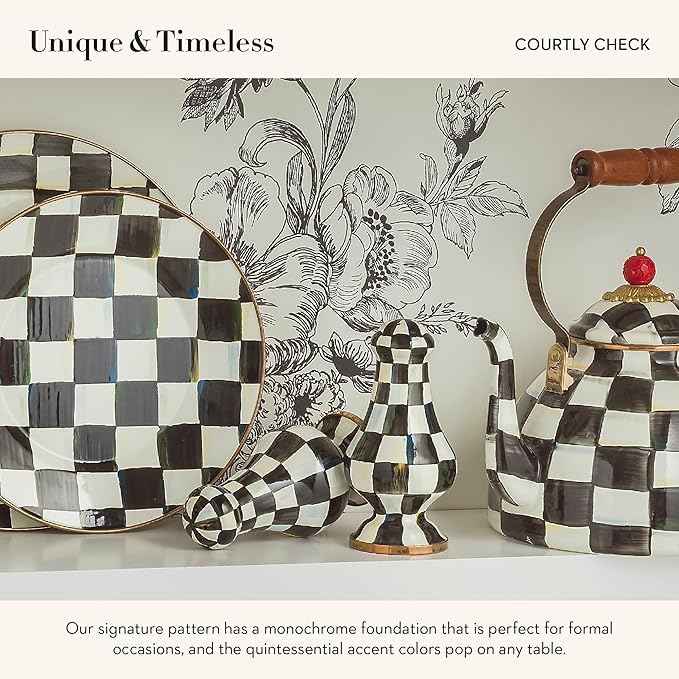 MACKENZIE-CHILDS Enamel Salt and Pepper Shakers, Kitchen Table Spice Shaker Set, Black-and-White Courtly Check, Large