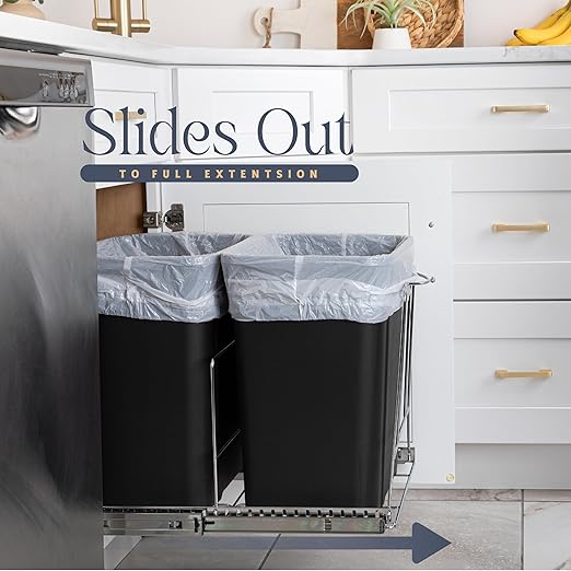 HOLDN’ STORAGE Pull Out Double Trash Can Under Cabinet - Two 7 Gallon Trash Can Included, Adjustable, Heavy Duty with Lifetime Limited Warranty 17¾” Wide Cabinet Opening - Anti Rust Chrome Finish