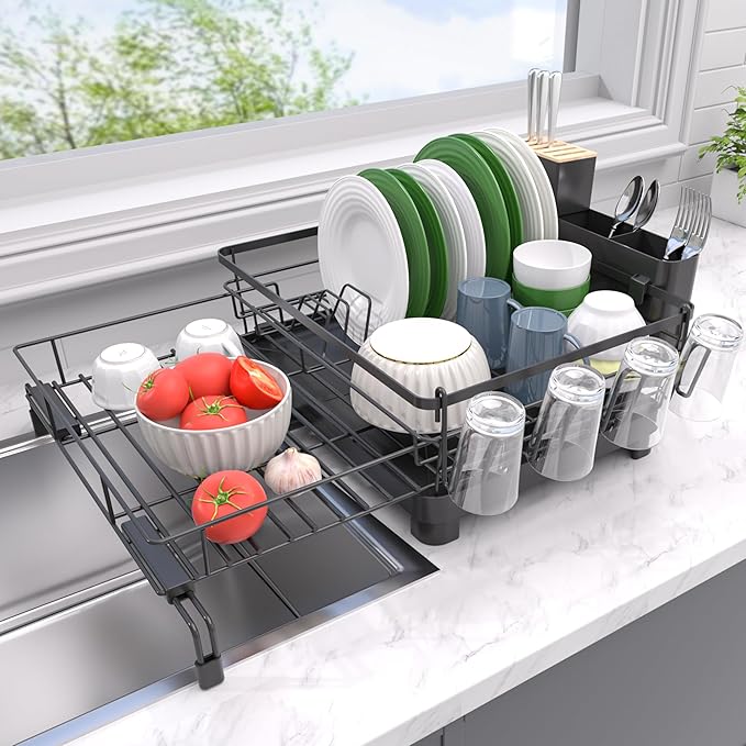 Runnatal Dish Drying Rack - Expandable Dish Rack, Large Drying Dish Drainer Over Sink with Drainboard, Utensil Holder & Cup Holder, Stainless Steel Dish Strainer for Kitchen Counter, Black