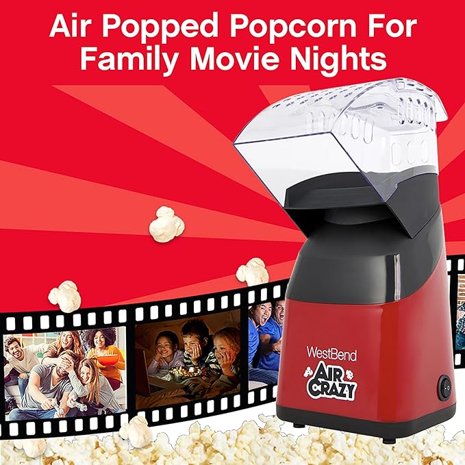 West Bend Air Crazy Hot Air Popcorn Popper Machine for Healthy Snacking with No Oil, Includes Dual-Purpose Measuring Cup & Butter Melter, 4-Quart, Red