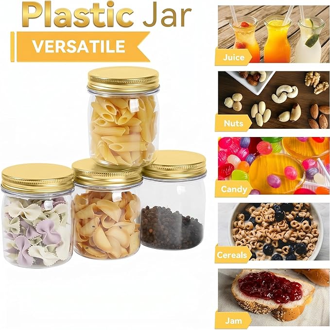 novelinks 8 oz Clear Plastic Jars with Airtight Lids, 48 Pack Plastic Mason Jars with Lids 8oz, Refillable Storage Slime Containers & Small Spice Jar for Kitchen Organization (48 Pack,Gold)