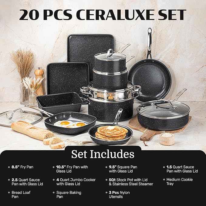 Granitestone 20 Piece Ceramic Nonstick Pots and Pans Set, Cookware and Bakeware Set with Utensils & Steamer, Diamond Reinforced, Non Toxic PFOA PFOS Free, Oven & Dishwasher Safe, Black