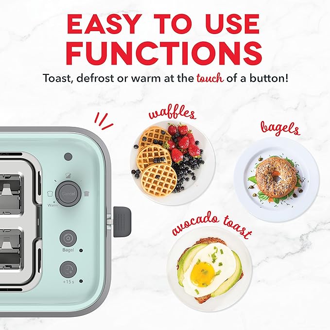 Dash SmartStore® 2-Slice Toaster - Five-Browning Levels, Extra-Wide Slots & Compact Size - Included Storage Lid - 1-Touch Bagel & 15-Second Functions - Aqua