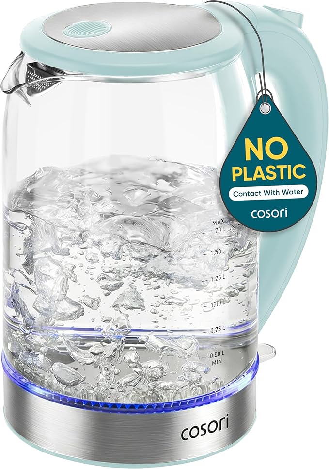 Cosori Electric Kettle, No Plastic Contact With Water, Wide Mouth For Easy Cleaning, Auto Shut Off, 1.7L Tea Kettle & Hot Water Boiler, Water Heater & Teapot, Borosilicate Glass, Green, 1500W