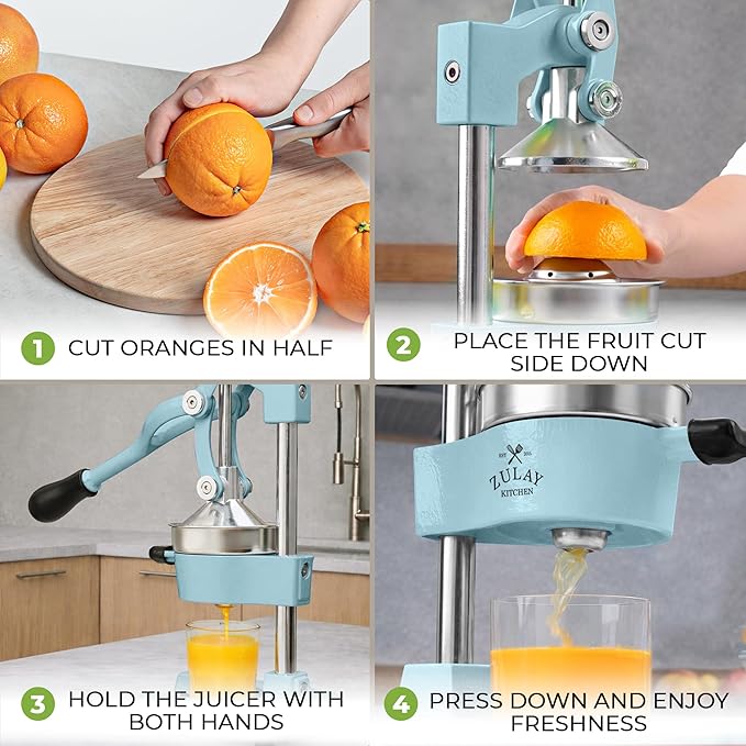 Zulay Kitchen Cast-Iron Orange Juice Squeezer - Heavy-Duty, Easy-to-Clean, Professional Citrus Juicer - Durable Stainless Steel Lemon Squeezer - Sturdy Manual Citrus Press & Orange Squeezer (Blue)