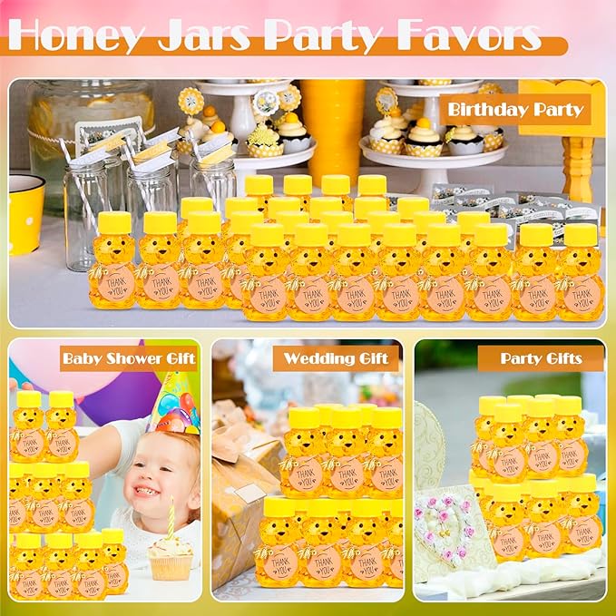 50 Pack Plastic Honey Bear Bottles Jars, 2 oz Honey Bear Cup with Lids Mini Bear Shape Empty Honey Bear Bottle Honey Containers Bulk Jam Juice Candy for Wedding Gifts Baby Shower Favors