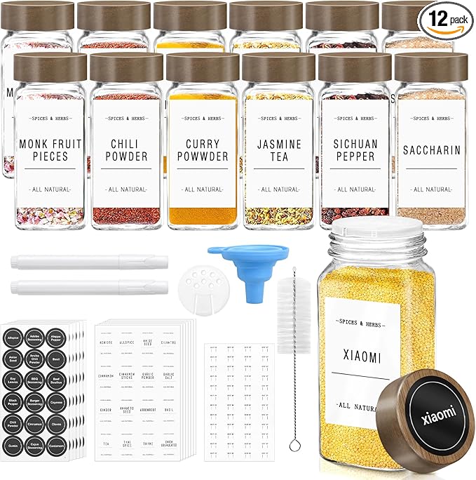 ZEHIQ 12Pcs 4oz Square Glass Spice Jars with Moisture-Proof Acacia Wood Lids, Food-Grade Seasoning Containers with Shaker Lids, 268 Labels, Markers, Funnel & Brush for Pantry Cabinet Drawer Storage