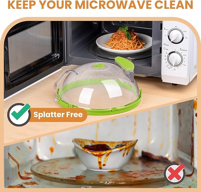 12 Inch Microwave Splatter Cover, Upgraded Microwave Cover for Food with Water Steamer, Integrated Handle, Splatter Guard, Cookware lid, House Warming Gifts New Home, Green