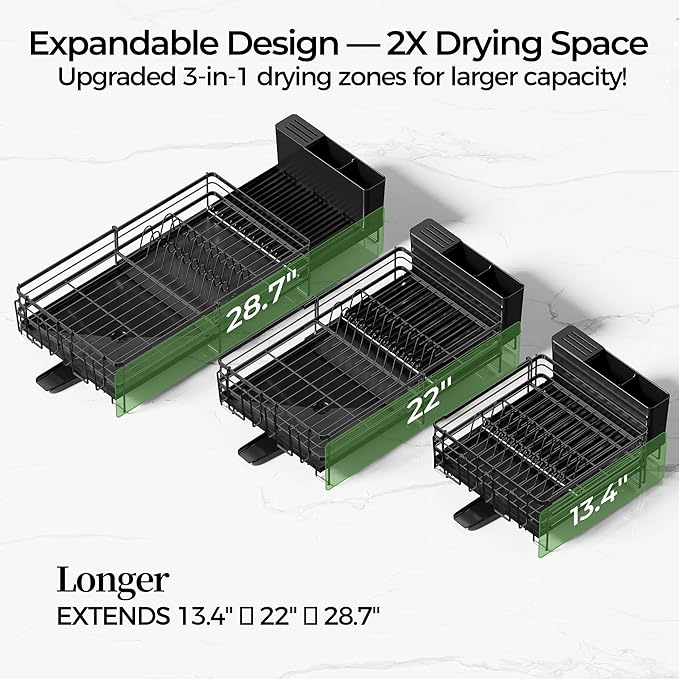 Large Dish Drying Rack, Expandable Dish Rack, Stainless Steel Dish Racks for Kitchen Counter, Multifunctional Dish Drainer with Utensil & Cup Holder, 13.4"-28.7" L x 11.8" W, Black
