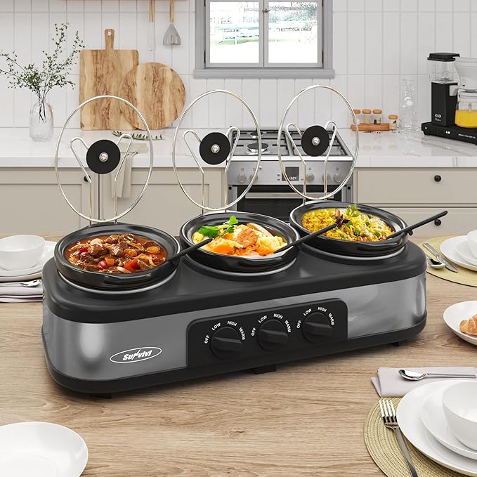 Sunvivi Slow Cooker with 10 Cooking Liners, Triple Slow Cooker Buffet Server 3 Pot Food Warmer for Parties with 3 Spoons ? Lid Rests,Adjustable Temp, 3 * 1.5 Quarts