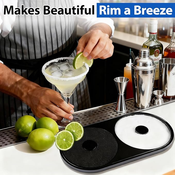 Margarita Salt Rimmer Set, 1 Pack Bar Salt and Sugar Rimmer with Sponge, 2-in-1 Bar Glass Cocktail Rim Set, Dishwasher Safe Black Barware Tools for Margarita Mojitos (Black)