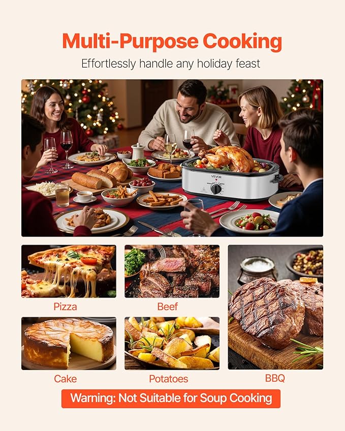 VEVOR Roaster Oven, 18QT Electric Roaster Oven, 150-450℉ Adjustable Temperature Electric Roasting Pan with Self-Basting Lid, Cool-Touch Handle, Defrost & Warm Function, Stainless Steel Turkey Ovens