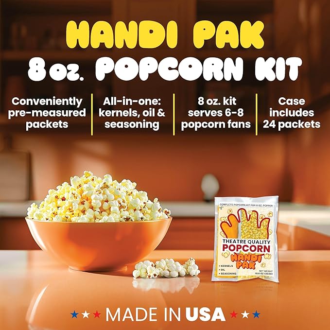 Handi-Pak Gourmet Popcorn Kit, 24 Pre-Portioned Packs for 8 oz Poppers, Popcorn Machine, Movie Theater Style, Butter Coconut Oil, Packet with Kernels & Seasoning