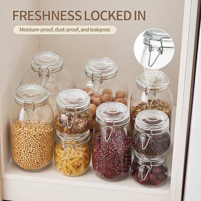 ODBCYWM 10oz Glass Food Storage Jars with Airtight Lids, Set of 8 – Clear Preserving Seal Wire Clip Fastening Canisters for Kitchen Canning, Flour, Cereal, Pasta, Sugar, Beans, Pickling Jars (10oz×8)