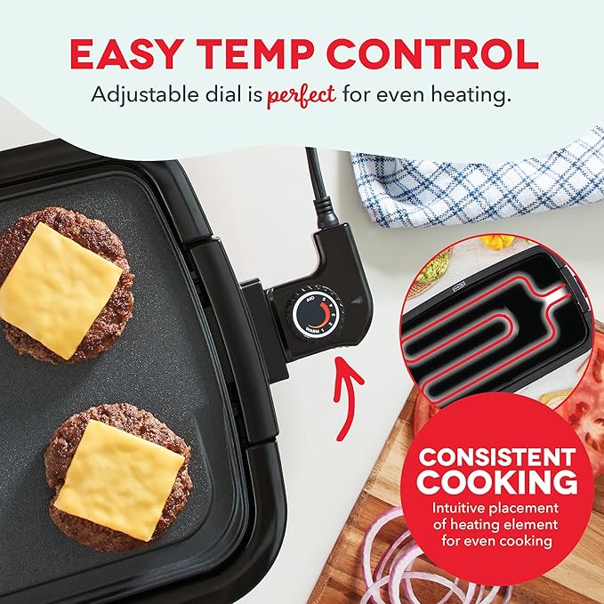 Dash Deluxe Everyday Griddle - Electric Griddle with Removable Plate - Nonstick, Easy-Clean Surface & Anti-Slip Base - Recipe Book Included - Red