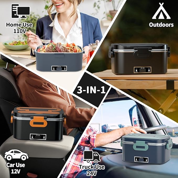 IFENROL Electric Heated Lunch Box for Adults, 100W 3-IN-1 2 Pack 1.8L Containers Heating Lunch Box for Men Portable Double Layer, Fast Heated Food Warmer,12V/24V/110V for Car Truck Office Home