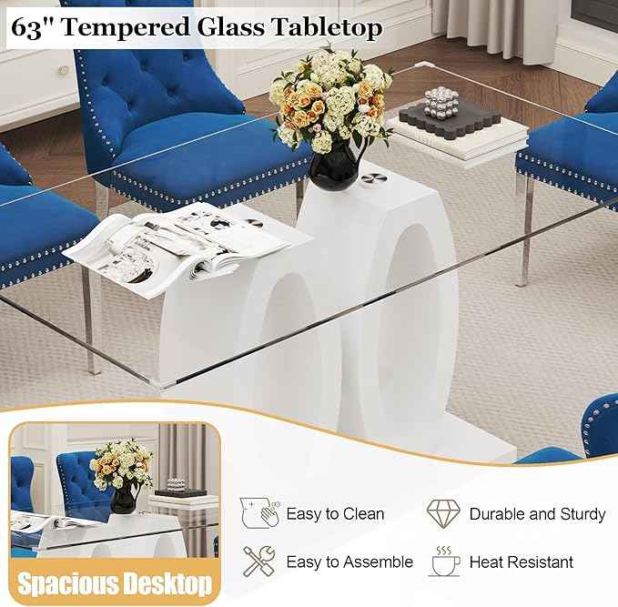 63" Glass Dining Table Set for 6, 7-Piece Rectangular Kitchen Table with Tempered Glass Top, White Double O-Shaped MDF Base, and 6 Blue Velvet Upholstered Chairs for Dining Room, Living Room, Office