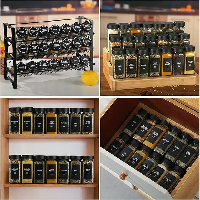 36 Glass Spice Jars with Labels, Spice Jar Set, 4oz Spice Containers, Seasoning Containers with Black Airtight Lids and Shaker Lids, Square Empty Spice Bottles, 492 Labels, 1 Funnel