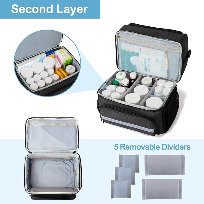 CURMIO Medicine Storage Bag, Double Layers Pill Bottle Organizer with Inner Dividers for Medication, Vitamins, Prescription Bottles, Medical Supplies, Black (Patent Design)