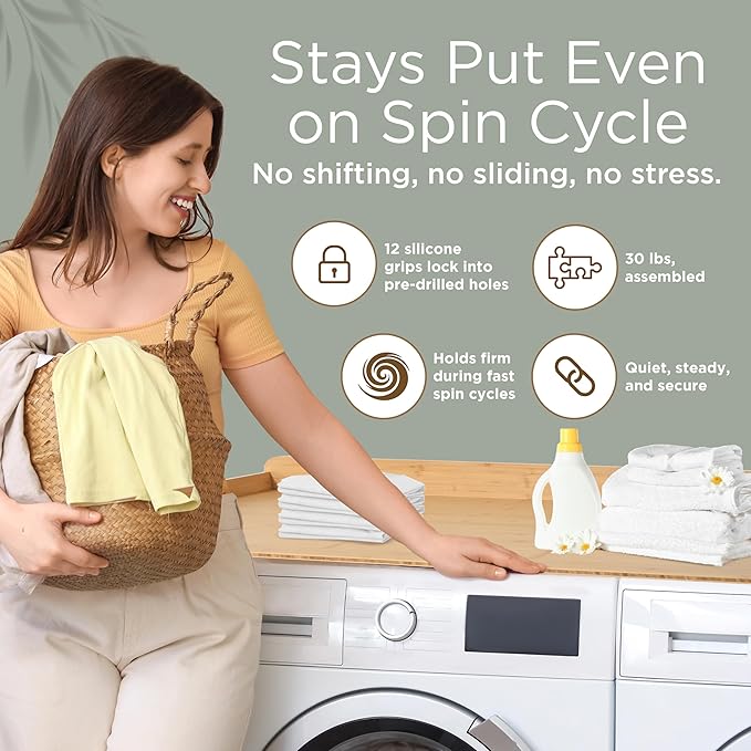 Solid Bamboo Washer Dryer Countertop, Laundry Wood Shelf Topper with Non-Slip Pads, Edge Rails and High Back Rail for Laundry Room Storage & Organization, Washer Dryer Counter Storage, 25"W x 54" L