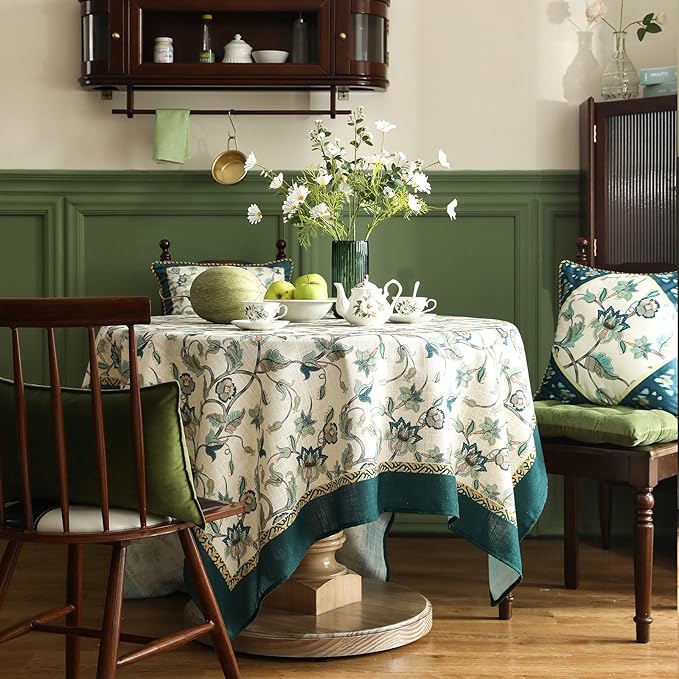 patdrea Designer Green Linen Long Rectangle Tablecloth,Vintage Floral Pattern Breathable Table Cloth,Home Table Cover Decor for Kitchen Dining,Christmas,Thanksgiving,Holiday,Party,63"x94"-Noah