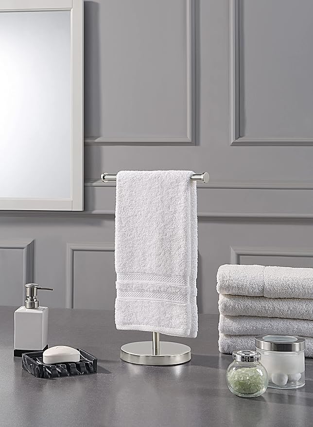 SunnyPoint Countertop Hand Towel Holder Stand – 16.5" Tall Stainless Steel T-Bar Rack with Weighted Base, Brushed Satin Nickel Finish – Jewelry Holder for Bathroom, Vanity, or Kitchen
