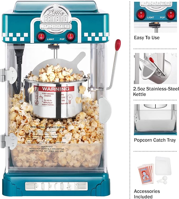Little Bambino Popcorn Machine - 2.5oz Tabletop Movie Theater Popcorn Popper with Stainless-Steel Kettle by Great Northern Popcorn (Blue)