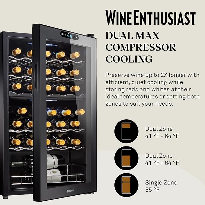 Wine Enthusiast 32-Bottle Dual Zone MAX Compressor Wine Cooler – Freestanding Mini Fridge with Digital Touchscreen, LED Display, Split Storage for Red & White Wines, Matte Black Refrigerator Home Bar