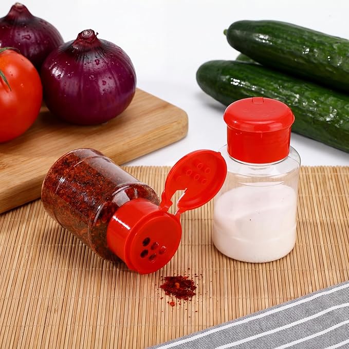 Amyhill 100 Pcs Plastic Spice Bottles Spice Jars with Red Cap Seasoning Jars Shaker 2 Oz/ 60ml Clear Bottle Containers with Shaker Lids for Storing for Spices, Herbs, Powders, Glitters Supplies