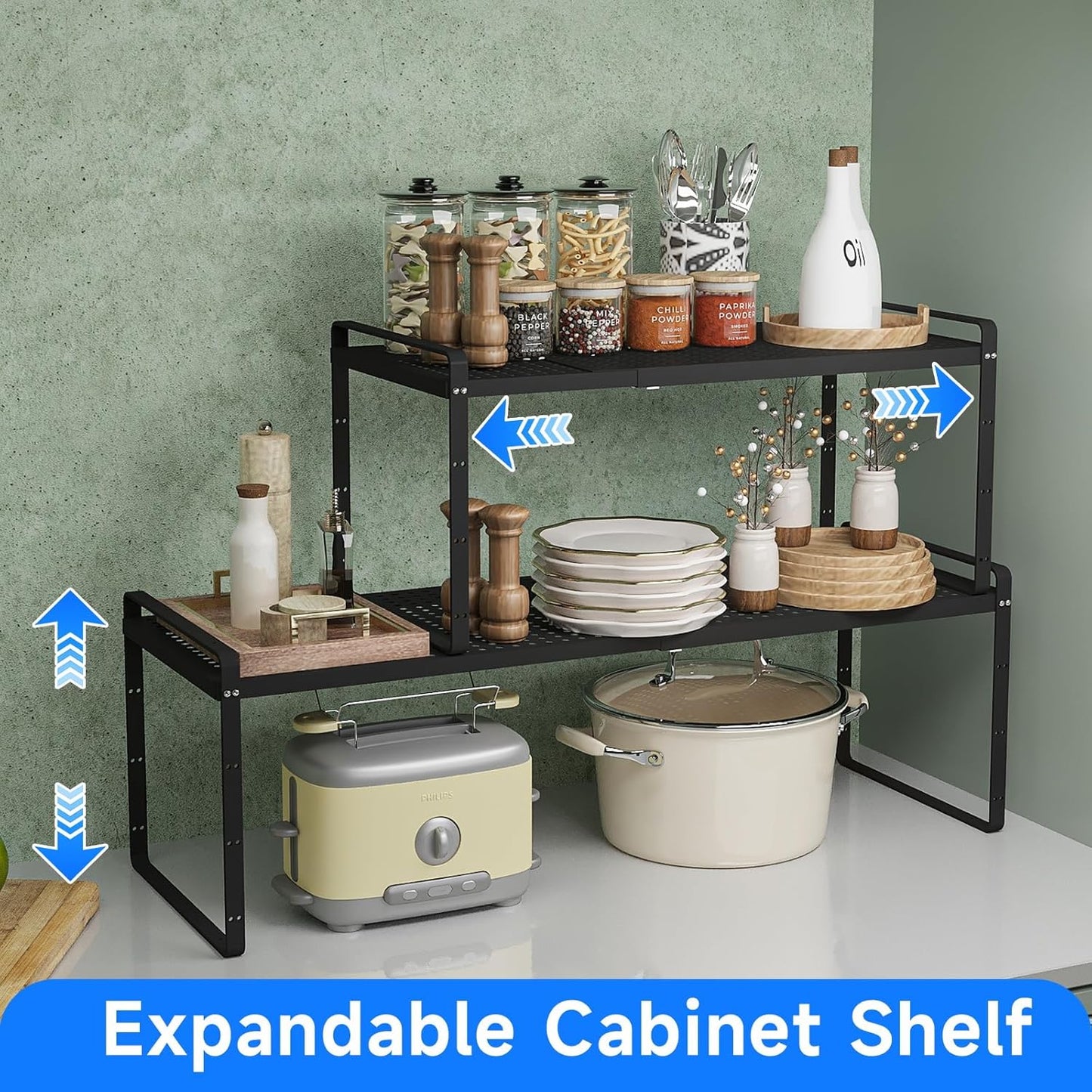 Expandable Kitchen Shelf Organizers, Kitchen Cabinet Organizer Stand Rack Organization for Countertop Cupborad Pantry, Black 1 Pack