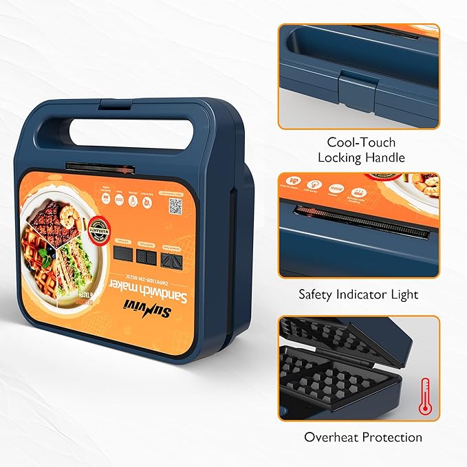 Sunvivi 3 in 1 Sandwich Maker, Electric Waffle Maker with Removable Non-stick Plates, 1000W Panini Press Grill with Glass Top, Cool Touch Handle & Easy to Clean, Blue
