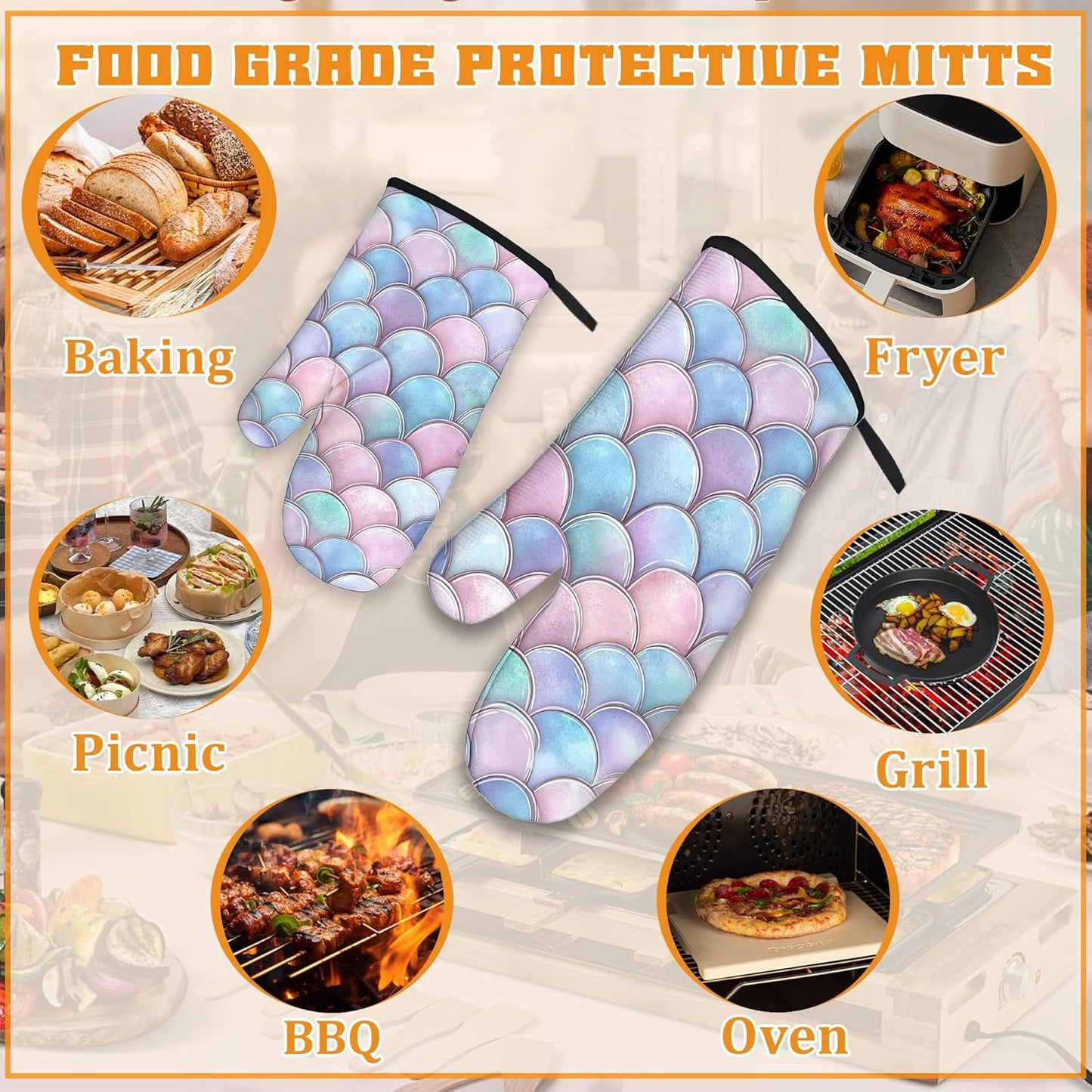 Pink Fish Scales Oven Mitts and Pot Holders Set,Mermaids Kitchen Decor Heat Resistant Non Slip Hot Pads and Oven Mitt for Chef Cooking Baking BBQ Mom Girl Gifts(4 Piece Set)