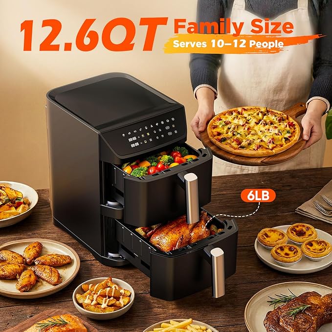 Dual Basket Air Fryer, 12.6QT Family-Size for 10–12 People, XL Basket for 6LB Whole Chicken, DoubleStack Compact Design, 10-in-1 Functions with Reheat, Dehydrate & SyncFinish, Dishwasher-Safe, Black