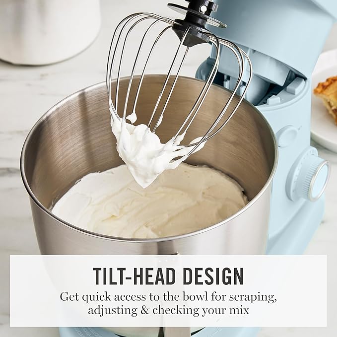 Martha Stewart Tilt-Head Stand Mixer, 12 Speed, 5.3QT Stainless Steel Bowl, Splash Guard with Pour Chute, Whisk, Dough Hook, Flat Beater, Electric Kitchen Baking Mixer, Bread, Cake, Whip, Sky Blue