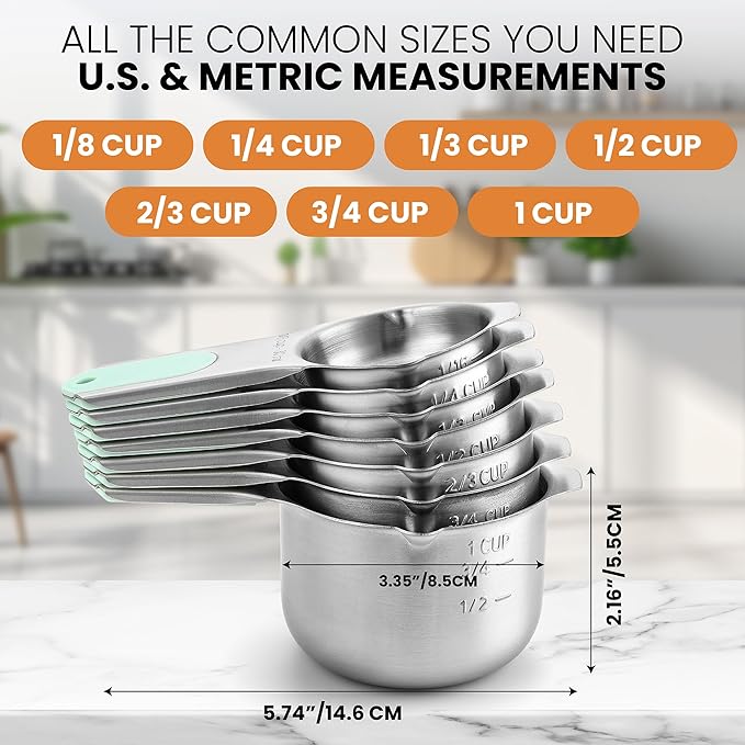 Spring Chef Stainless Steel Magnetic Measuring Cups, Set of 7 & Magnetic Measuring Spoons, Set of 8 with Leveler - 2 Product Bundle - Mint